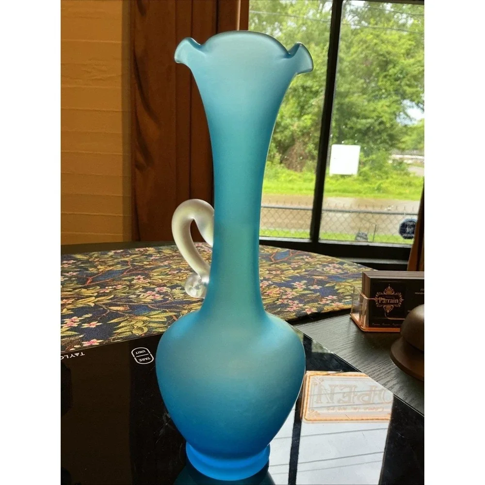 Vintage Peacock Blue Satin Glass 8 Inch High Bud Vase With Frosted Handle